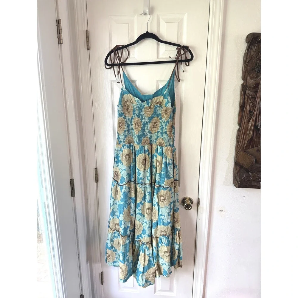 Free People Adriel Midi Dress Hawaiian‎ Ocean Combo Floral Smocked Large NEW